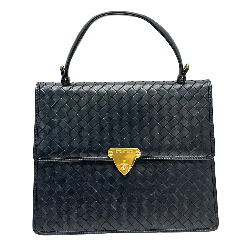 Bottega Veneta Handbag Navy Gold Leather Hardware